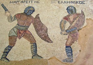 Ein Kampf zwischen zwei Gladiatoren, Haus der Gladiatoren, Kourion, Zypern (Mosaik) von Roman