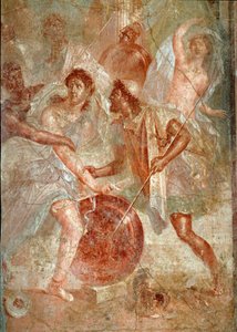 Achilles, als Frau verkleidet, wird von Odysseus unter den Töchtern des Lykomedes auf Scyros erkannt Fresko von Pompeji. 1. Jahrhundert n. Chr. Dim. 145,5x137,5 cm Neapel, Nationales Archäologisches Museum - Römische Kunst. Heftiger Kampf zwischen den Mens