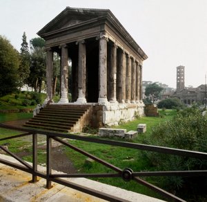 Antikes Rom: Blick auf den Tempel des Portunus (Tempel des männlichen Glücks) nahe dem Platz der Mund der Wahrheit (Bocca della Verità) 2.-1. Jahrhundert v. Chr. Rom von Roman
