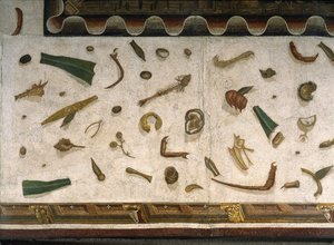 „Asarotos“ (Boden ungesäubert) Fragmente eines Mosaiks, signiert von Harakliton aus Rom, 2. Jahrhundert n. Chr., Rom von Roman