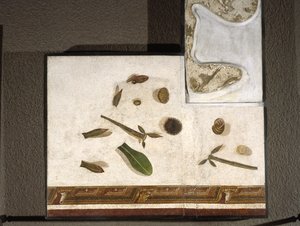 „Asarotos“ (Boden ungesäubert) Fragmente eines Mosaiks, signiert von Harakliton aus Rom, 2. Jahrhundert n. Chr., Rom von Roman
