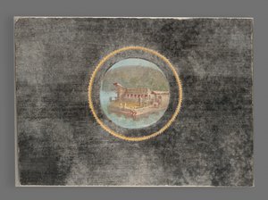Schwarzgrundiges Fresko-Fragment mit Landschaft im Tondo, 50-79 n. Chr.