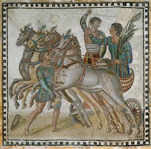 Wagenrennen (Quadriga) mit Wagenlenkern in Startposition und einem Stallburschen neben dem weißen Pferd (im Vordergrund) - Mosaik, 3. Jahrhundert von Roman