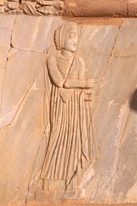 Nahaufnahme des dekorativen Bühnenreliefs des Theaters von Sabratha, Libyen, Tripolitanien