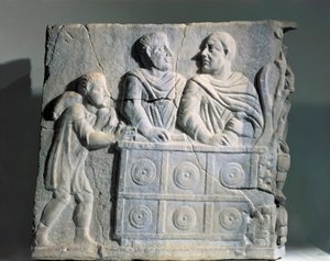 Fragment eines Sarkophags, das einen Geldwechsler darstellt, aus Rom, Viale del Re von Roman