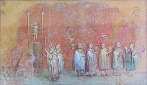 Freskofragment eines Kalenders, das Kinder in einer Prozession darstellt, möglicherweise die Feierlichkeiten zum Geburtstag von Kaiser Severus und die Darstellung des Monats April, drittes Jahrhundert n. Chr.