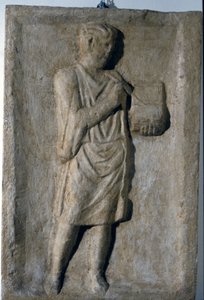 Niedriges römisches Relief aus dem 3. Jahrhundert n. Chr. Ein Schriftsteller von Roman