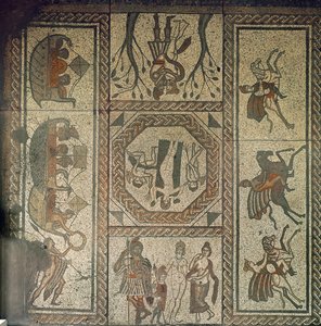 Mosaikboden aus der römischen Villa in Low Ham, der die Geschichte von Dido und Aeneas aus Vergils Aeneis darstellt, ca. 350 n. Chr. von Roman