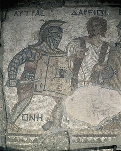 Gemälde von zwei Gladiatoren auf einer Mosaikwand, Kourion, Limassol, Zypern von Roman