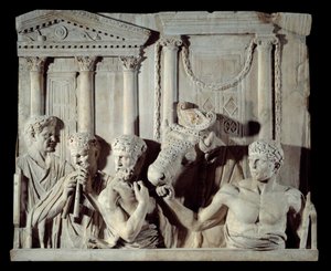 Römische antike Kunst: Fragment eines architektonischen Reliefs: Vorbereitung eines Opfers. Marmorskulptur, aus Rom von Roman