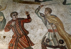 Römische Kunst: Detail des Mosaiks „Die große Jagd“ Ein römischer Aristokrat bestraft einen seiner Sklaven mit einem Stock. 315-350 n. Chr. von Roman