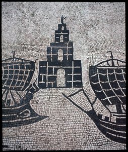Römische Kunst: „Leuchtturm und Schiffe“ Mosaik der Corporation des gens de la mer, Place des Corporations. von Roman