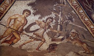 Römische Kunst: Mosaik der Jahreszeiten aus dem Hof der Konstantinsvilla von Daphne, das zwei Jäger darstellt. Detail. Aus dem Vorort von Antiochia am Orontes (heutiges Antakya in Syrien). 325-330 n. Chr. Paris, Musee du Louvre von Roman