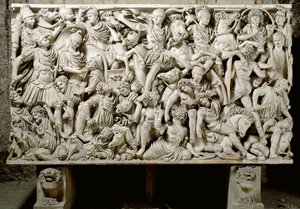 Römische Kunst: Ludovisi-Sarkophag mit Kampfszene zwischen Römern und Barbaren - 3. Jahrhundert n. Chr., Dim. 153x273 cm - Rom, Museo Nazionale Romano - Ostiliano, Sohn des Kaisers Decius (201-51 n. Chr.) umgeben von Kavallerie, aus der Schlacht zwischen R von Roman