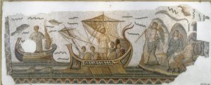 Römische Antike: „Odysseus auf seinem Boot widersteht dem Gesang der Sirenen“ (Mosaik, 250-270 n. Chr.)