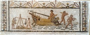 Römische Antiquität: Entladen einer Holzladung von einem Schiff und Wiegen von Blei