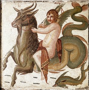 Römische Kunst: „Amor reitet auf einem Meereswesen“ (Mosaik aus einer Villa der Familie von Kaiser Septimius Severus, Ende 2. Jahrhundert n. Chr.) von Roman