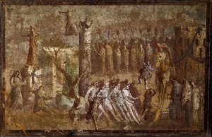 Römische Kunst: „Tabula Iliaca“ Einzug des Trojanischen Pferdes. Die Trojaner ziehen das Pferd zu den Mauern, während Cassandra versucht, sie aufzuhalten. Fresko aus Pompeji. Neapel, Museo Archeologico Nazionale von Roman
