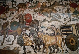 Römische Kunst: Detail des Mosaiks „Die große Jagd“ (315-350 n. Chr.) von Roman