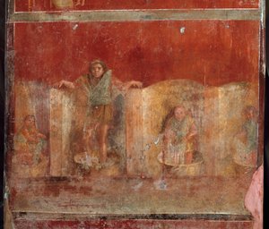 Römische Kunst: Szene der Fullonica, die das Reinigen von Kleidung zeigt. Fresko aus der Villa Fullonica Stephani in Pompeji von Roman