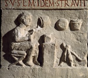 Römische Kunst: Flachrelief, das eine Töpferei darstellt. 1. Jahrhundert n. Chr. Rom, Museo della Civilta Romana von Roman