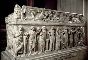 Römische Kunst: Marmorsarkophag mit Darstellungen der Musen und einer Bankettszene. Aus Ostia. 120-130 n. Chr. Paris, Louvre von Roman