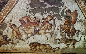 Mosaik der Jahreszeiten aus dem Hof der Konstantin-Villa von Daphne. Detail (Jagdszene mit Löwe und Tiger). Aus dem Vorort von Antiochia am Orontes (heutiges Antakya in Syrien). 325-330 n. Chr. Paris, Musée du Louvre von Roman