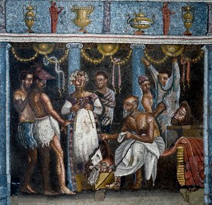 Römische Kunst: Vorbereitungen für ein satirisches Drama. Mosaik. 70 n. Chr. Aus Pompeji, Casa del Poeta Tragico. Neapel, Nationales Archäologisches Museum von Roman