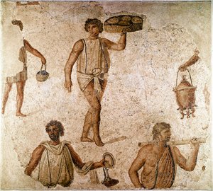 Römische Kunst: Diener bei einem Bankett. Fragment eines Mosaiks aus Karthago, Tunesien. 180-190 n. Chr. Paris, Louvre Museum