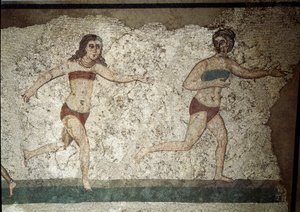 Römische Kunst: Junge Römer bei körperlichen Übungen. Sie tragen einen Lendenschurz und ein Strophium (Vorläufer des BHs). (Detail) Mosaik 315-350 n. Chr. Piazza Armerina, Villa Romana del Casale von Roman