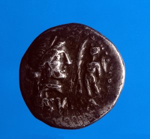 Silbermünze mit dem Abbild des römischen Politikers Lucius Cornelius Sulla (Silla oder Sylla) (138-68 v. Chr.), geprägt 87 v. Chr.