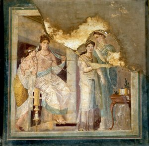 Toilettenszene und Kleidung einer Dame: Sklaven frisieren ein Mädchen. Aus Ercolano (Fresko) von Roman