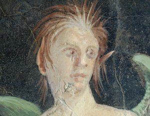 Geflügeltes Genie, Fragment eines Freskos aus der Villa des Publius Fannius Synistor, Boscoreale, Detail, römische Zivilisation