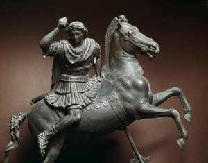 Alexander der Große (356-323 v. Chr.) auf dem Pferd. Das Pferd wäre Bucephalus. Bronzeskulptur nach einem Original von Lysipp von Sicyon (395-305 v. Chr.) Neapel, Nationales Archäologisches Museum