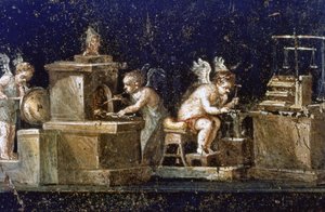 Ausgrabungen in Pompeji: Wandmalerei aus dem Haus der Vetti, die Cupidos als Goldschmiede zeigt, entdeckt während der Ausgrabungen. Pompeji wurde durch den Ausbruch des Vesuvs im Jahr 79 n. Chr. zerstört.