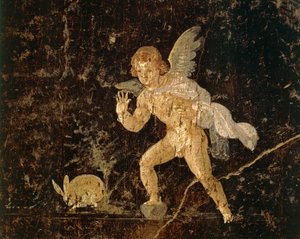 Fresko, das Amor zeigt, wie er einen Hasen jagt, aus Pompeji, Provinz Neapel, Italien, römische Zivilisation von Roman Roman