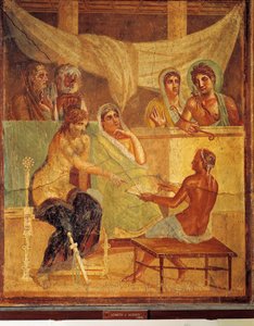 Fresko, das A.D.metus und Alkestis zeigt, die das Orakel konsultieren, aus dem Haus des tragischen Dichters, Pompeji, Italien