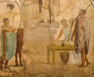 Fresko, das eine Opferszene darstellt, Dekoration aus dem Haus der vergoldeten Amorinen, Pompeji, Kampanien, Römische Zivilisation von Roman Roman