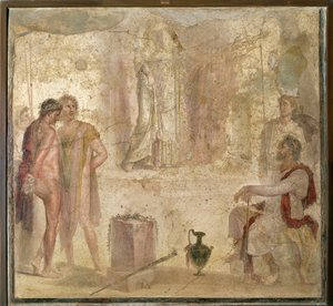 Italien, Kampanien, Pompeji, Haus der Goldenen Amorinen, Orestes und Pylades vor Iphigenie, Fresko von Roman Roman