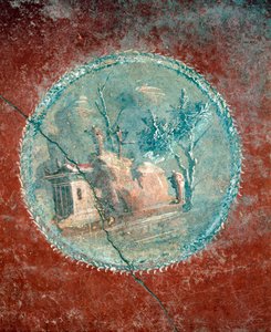 Medallion mit Landschaft auf gelbem Hintergrund, Fresko aus dem Haus des Menander, Pompeji, Kampanien, römische Zivilisation