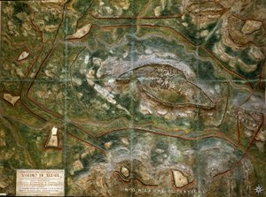 Modell, das die Belagerung und die Schlacht von Alesia im September 52 v. Chr. durch Julius Caesar zeigt, die zur Niederlage von Vercingetorix führte. Maßstab 1:1000. Rom, Museo della Civiltà Romana