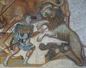 Mosaik mit einer Szene einer wilden Jagd, (Detail) eines Gladiators, der ein wildes Tier tötet von Roman Roman
