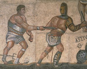 Mosaik mit einer Szene kämpfender Gladiatoren, (Detail) eines Gladiators in Rüstung von Roman Roman