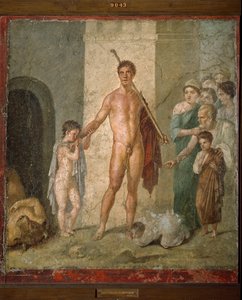 Darstellung von Theseus, dem Helden der griechischen Mythologie, der die sieben jungen Männer aus dem Labyrinth befreit, nachdem er den Minotaurus besiegt hat. Fresko aus der Villa de Gavius Rufus in Pompeji. Dim. 88x97 cm Archäologisches Museum von Neapel