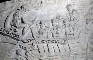 Römische Soldaten auf einer Galeere auf der Donau während des Ersten Dakerkrieges von Roman Roman
