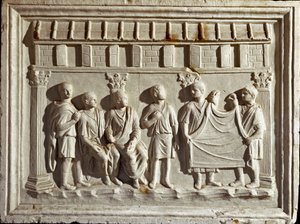 Römische Kunst: Reliefabguss, der ein Gewebe und Wandteppiche darstellt. Nach einem Original aus dem 2. Jahrhundert n. Chr. von Roman Roman