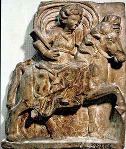 Römische Kunst: Die Göttin Epona, Gottheit gallischen Ursprungs, Schutzpatronin der Reiter und Reisenden. Kalksteinstatue gefunden in Gannat (Allier), Auvergne. Saint Germain en Laye. Museum für Nationalantiquitäten