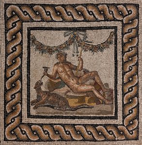 Das Haus des Dionysos, eine der römischen Domus von Ortaglia: Detail des Mosaikbodens, der Dionysos und den Panther darstellt (Detail)