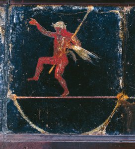 Drittes Stil-Fresko, das den Seiltänzer Seleni darstellt, Detail von Silenus, der einen Thyrsus hält, aus der sogenannten Villa des Cicero in Pompeji