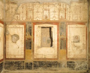 Wanddekoration im vierten pompejanischen Stil, aus dem Haus des Loreio Tiburtino, Pompeji, Kampanien, römische Zivilisation von Roman Roman